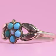 Antique Victorian 9ct Gold Turquoise Pearl Forget Me Not Ring 1877 Hallmarked - 6