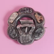 Antique Scottish Silver Granite Buckle Thistle Brooch Victorian Pebble Highland