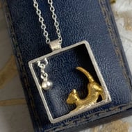 925 Sterling Silver Cute 3D Cat Playing in Box Pendant & Chain Necklace