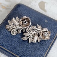 Vintage Silver Rose Floral Clip On Earrings Bouquet Statement Dimensional Pair
