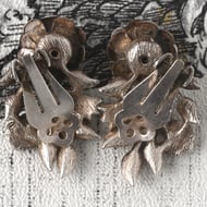 Vintage Silver Rose Floral Clip On Earrings Bouquet Statement Dimensional Pair - 4