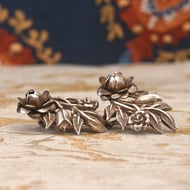Vintage Silver Rose Floral Clip On Earrings Bouquet Statement Dimensional Pair - 8