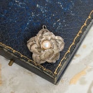 Vintage Silver Filigree Rose Pendant Pearl Flower Floral Wirework Charm