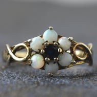 Vintage Sterling Silver Opal & Amethyst Flower Cluster Gold Ring - 3