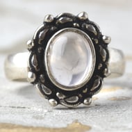 Silver Ornate Rose Quartz Oval Cabochon Ring - 3