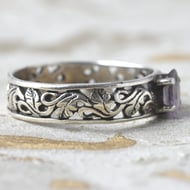 Vintage Sterling Silver Amethyst Ring Ivy Leaf Openwork Band Boho Gothic 925 - 6