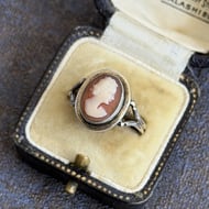 Vintage Silver Cameo Ring Carved Lady Portrait Shell Oval Bezel Ladies
