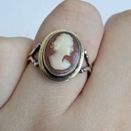 Vintage Silver Cameo Ring Carved Lady Portrait Shell Oval Bezel Ladies - 3
