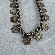 Antique Silver Collar Book Chain Victorian Necklace Floral Etched Choker - 15
