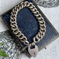 Antique Victorian Sterling Silver Curb Bracelet Heart Padlock Engraved Chunky