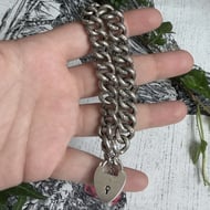 Antique Victorian Sterling Silver Curb Bracelet Heart Padlock Engraved Chunky - 2