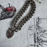 Antique Victorian Sterling Silver Curb Bracelet Heart Padlock Engraved Chunky - 4