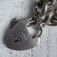 Antique Victorian Sterling Silver Curb Bracelet Heart Padlock Engraved Chunky - 7