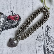 Antique Victorian Sterling Silver Curb Bracelet Heart Padlock Engraved Chunky - 8