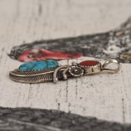 Vintage Pawn Silver Turquoise Coral Pendant Southwestern Feather - 3