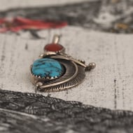 Vintage Pawn Silver Turquoise Coral Pendant Southwestern Feather - 4