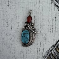 Vintage Pawn Silver Turquoise Coral Pendant Southwestern Feather - 6