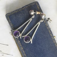 Silver Amethyst Drop Earrings Modernist Purple Cabochon Wishbone Dangle Pair
