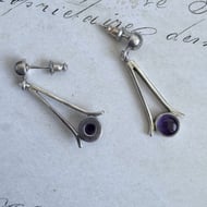 Silver Amethyst Drop Earrings Modernist Purple Cabochon Wishbone Dangle Pair - 3