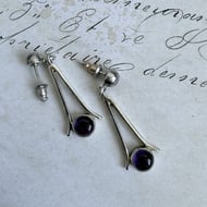 Silver Amethyst Drop Earrings Modernist Purple Cabochon Wishbone Dangle Pair - 4