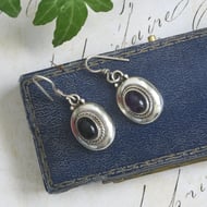 Sterling Silver Drop Earrings Mismatched Onyx Amethyst Oval Cabochon Boho Odd
