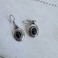 Sterling Silver Drop Earrings Mismatched Onyx Amethyst Oval Cabochon Boho Odd - 3