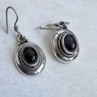Sterling Silver Drop Earrings Mismatched Onyx Amethyst Oval Cabochon Boho Odd - 5