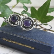 Vintage Sterling Silver Amethyst Drop Earrings Purple Cabochon Artisan Boho