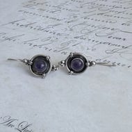 Vintage Sterling Silver Amethyst Drop Earrings Purple Cabochon Artisan Boho - 3
