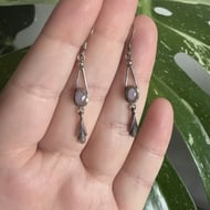 Sterling Silver Drop Earrings Pale Blue Cabochon Art Nouveau Lily Bud Dangle - 2