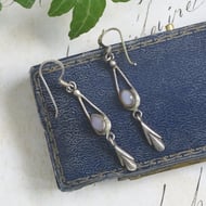 Sterling Silver Drop Earrings Pale Blue Cabochon Art Nouveau Lily Bud Dangle