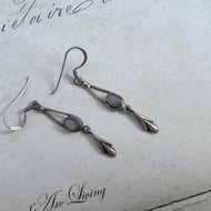 Sterling Silver Drop Earrings Pale Blue Cabochon Art Nouveau Lily Bud Dangle - 3