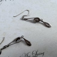 Sterling Silver Drop Earrings Pale Blue Cabochon Art Nouveau Lily Bud Dangle - 4