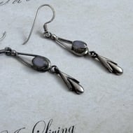 Sterling Silver Drop Earrings Pale Blue Cabochon Art Nouveau Lily Bud Dangle - 5