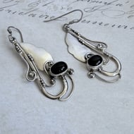 Sterling Silver Black Onyx Drop Earrings Art Nouveau Leaf Scroll Long Artisan - 7