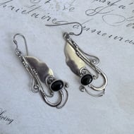 Sterling Silver Black Onyx Drop Earrings Art Nouveau Leaf Scroll Long Artisan - 4