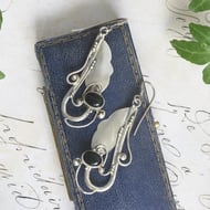 Sterling Silver Black Onyx Drop Earrings Art Nouveau Leaf Scroll Long Artisan