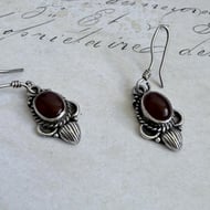 Sterling Silver Carnelian Drop Earrings Red Oval Cabochon Ornate Boho Dangle - 2
