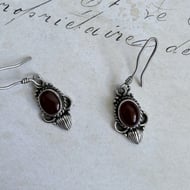 Sterling Silver Carnelian Drop Earrings Red Oval Cabochon Ornate Boho Dangle - 3