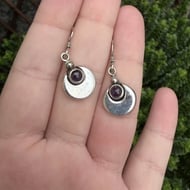 Sterling Silver Amethyst Drop Earrings Purple Cabochon Modernist Disc Minimalist - 2