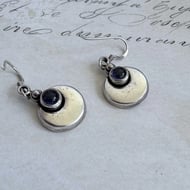 Sterling Silver Amethyst Drop Earrings Purple Cabochon Modernist Disc Minimalist - 4