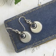 Sterling Silver Amethyst Drop Earrings Purple Cabochon Modernist Disc Minimalist