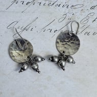Vintage Silver Hammered Disc Drop Earrings Bead Cluster Boho Tribal Artisan - 3