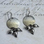 Vintage Silver Hammered Disc Drop Earrings Bead Cluster Boho Tribal Artisan - 4