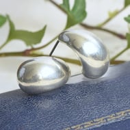 Vintage Silver Puffed Hoop Stud Earrings Chunky Half Hoop Modernist Scandi
