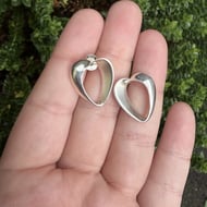 Vintage Sterling Silver Open Heart Stud Earrings Twist Ribbon Modernist Love Polished - 2