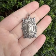 Antique Silver Our Lady of Lourdes Medal Pendant Virgin Mary Bernadette Grotto - 3