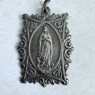Antique Silver Our Lady of Lourdes Medal Pendant Virgin Mary Bernadette Grotto - 4
