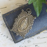 Antique Silver Our Lady of Lourdes Medal Pendant Virgin Mary Bernadette Grotto