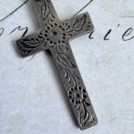 Antique Sterling Silver Cross Pendant Engraved Floral Edwardian Devotional Faith - 5